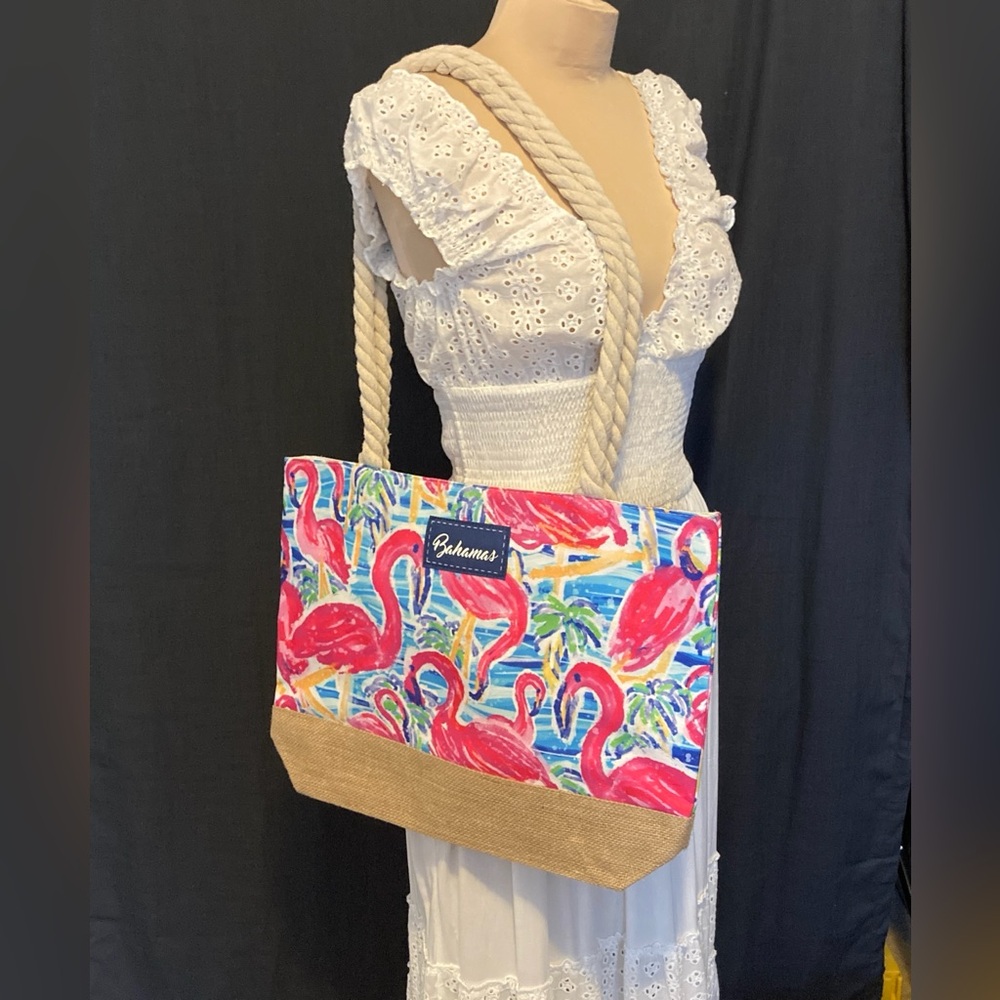 Bahamas Flamingo Print Tote Bag by Getagadget | Rope Straps | Zipper Closure